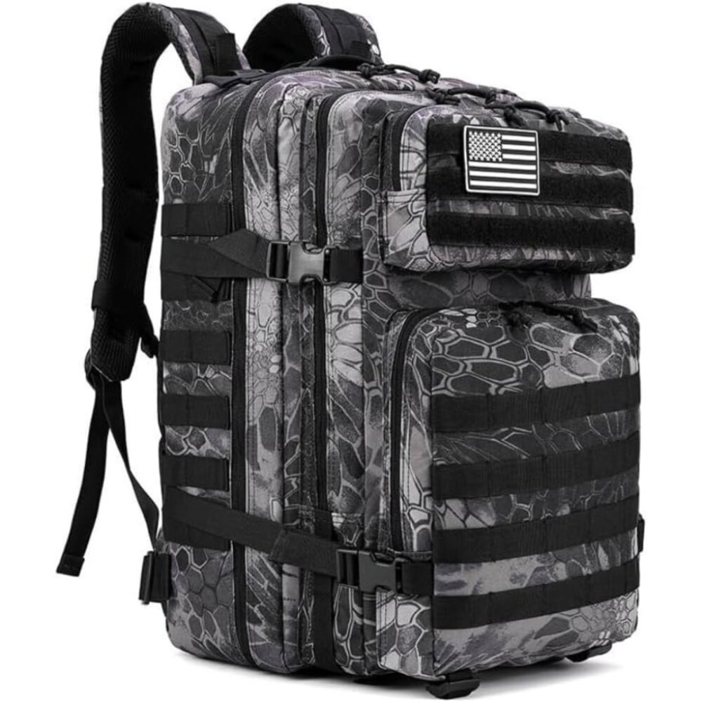 45L Tactical Backpack GrayBlack Waterproof Multi Compartment for Hiking Camping